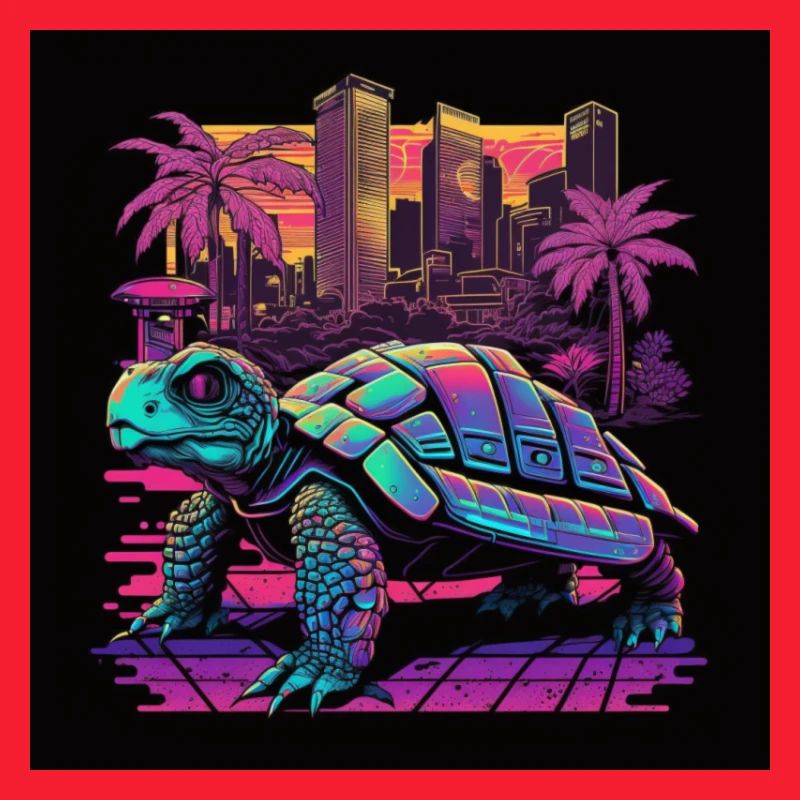 Turtle with neon colors, synthwave / 80s