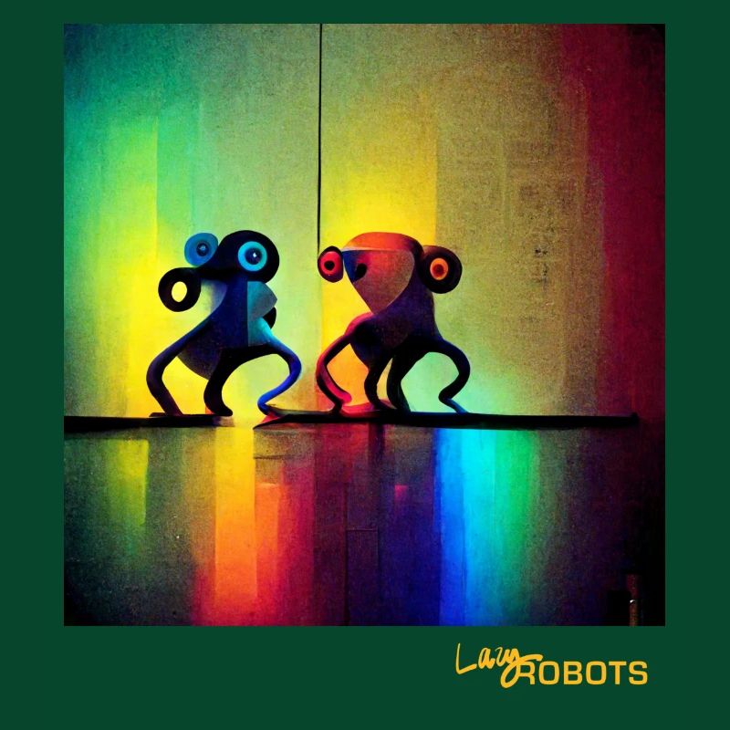 Two dancing rainbow robots