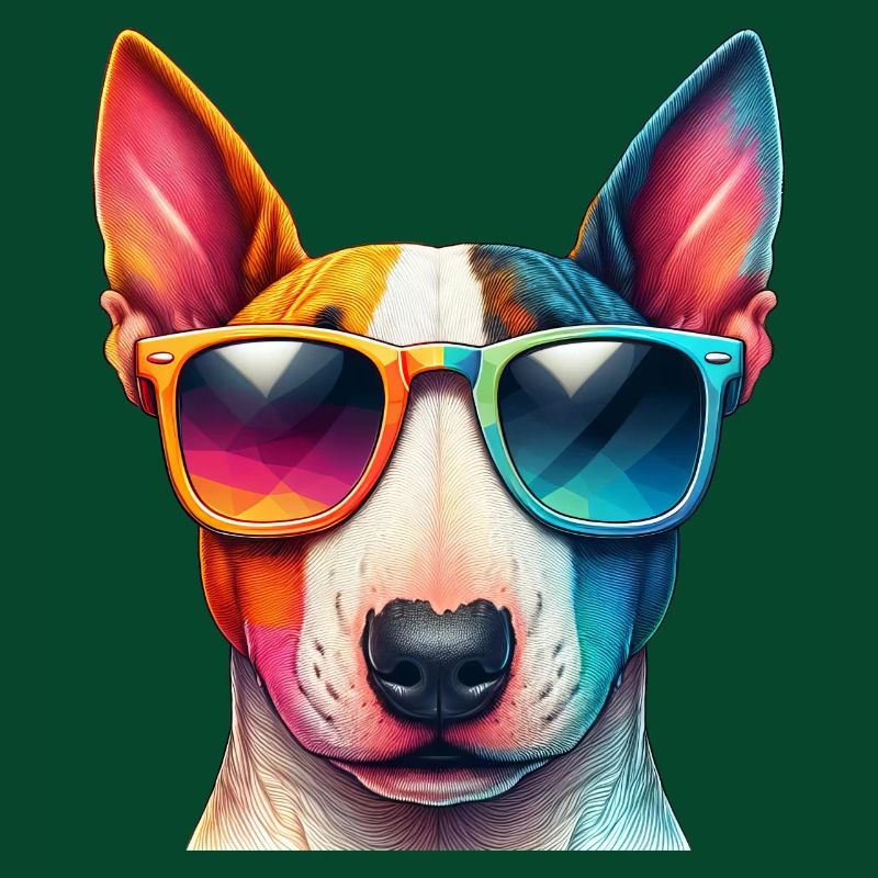 Bunter Bullterrier mit Sonnenbrille