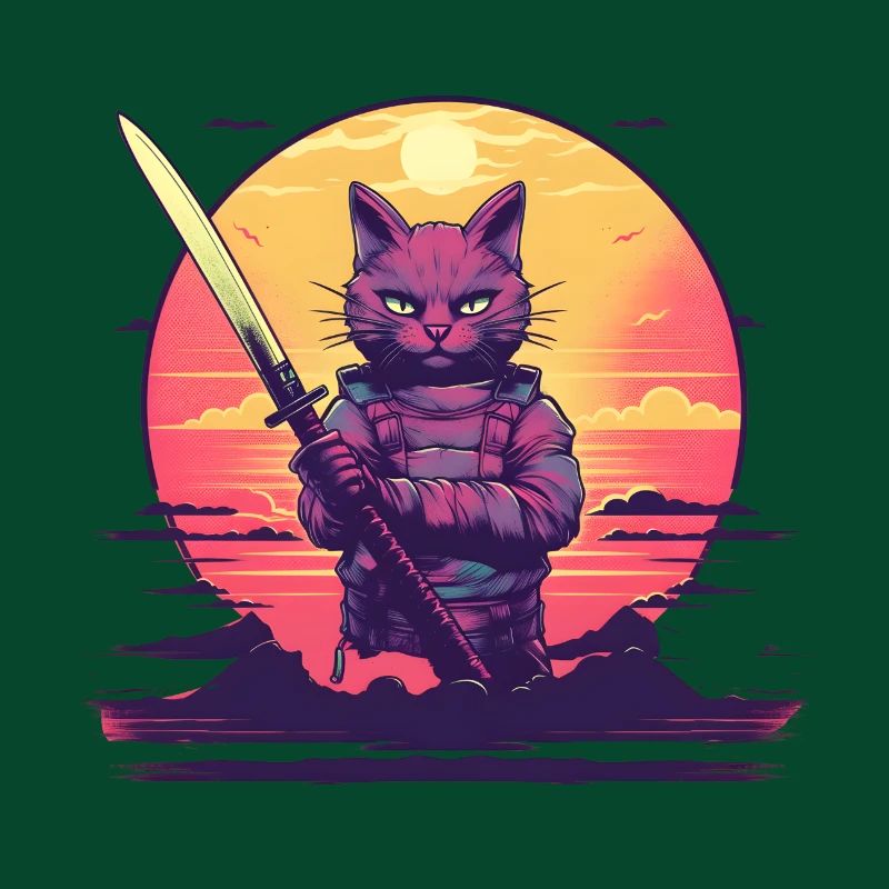 Synthwave samurai Cat sunset