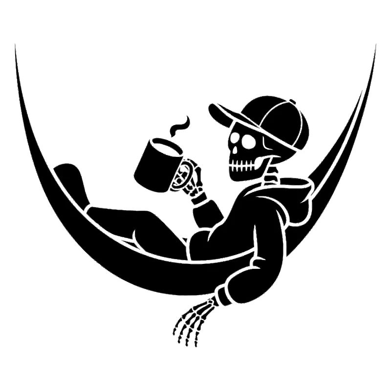 Skeleton in hammock with coffee