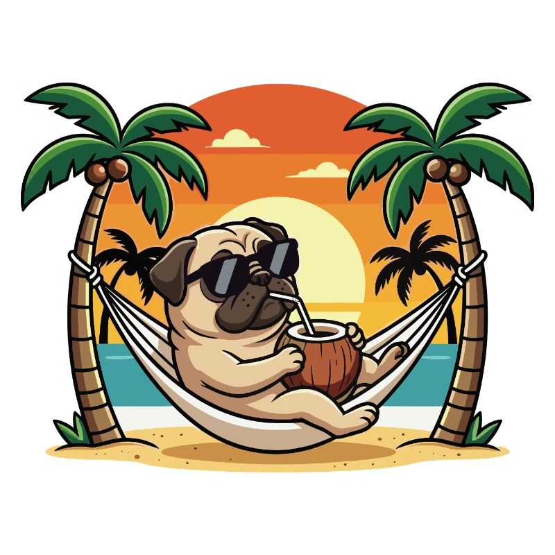 Lustiger Mops im Strand-Hängematten-Sommerurlaub