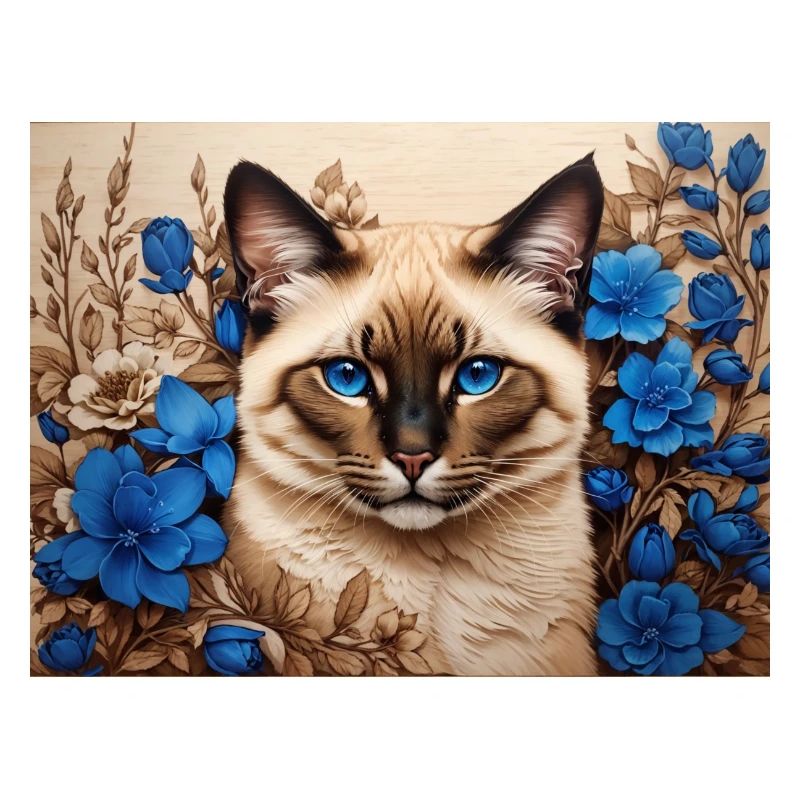 chat fleurs bleues