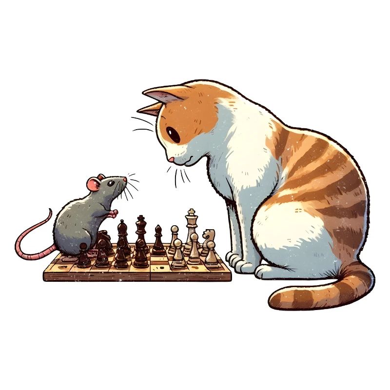 Playful Cats and Mouse Chess Illustration