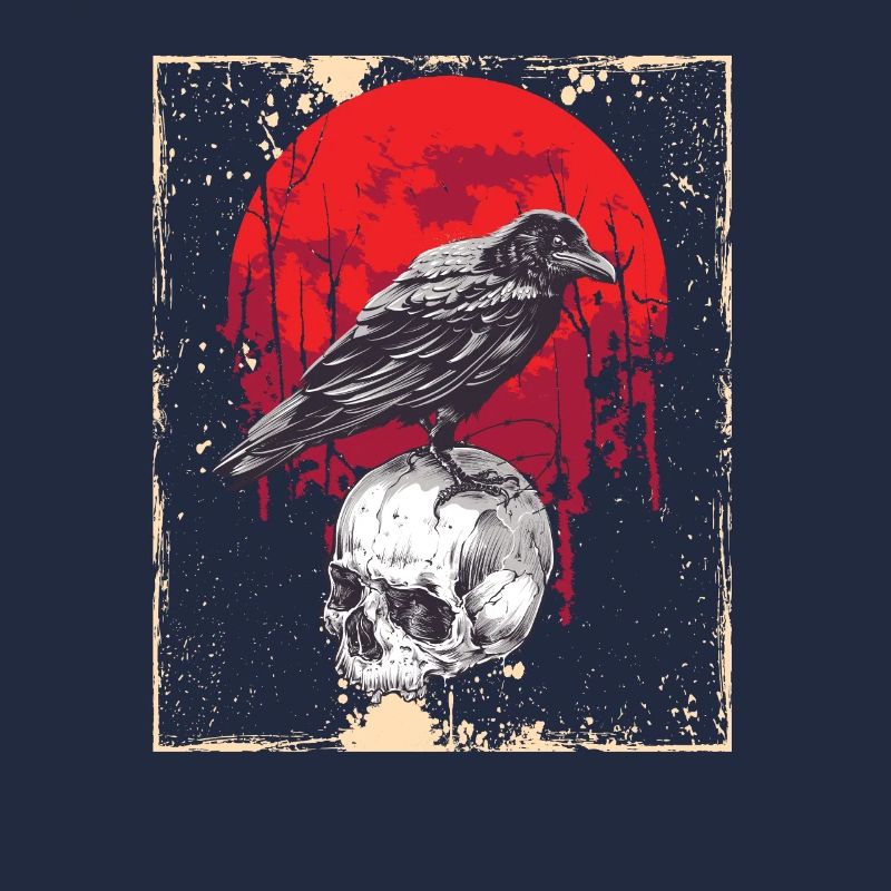 Gotischer Schädel-roter Mond-schwarze Krähe
