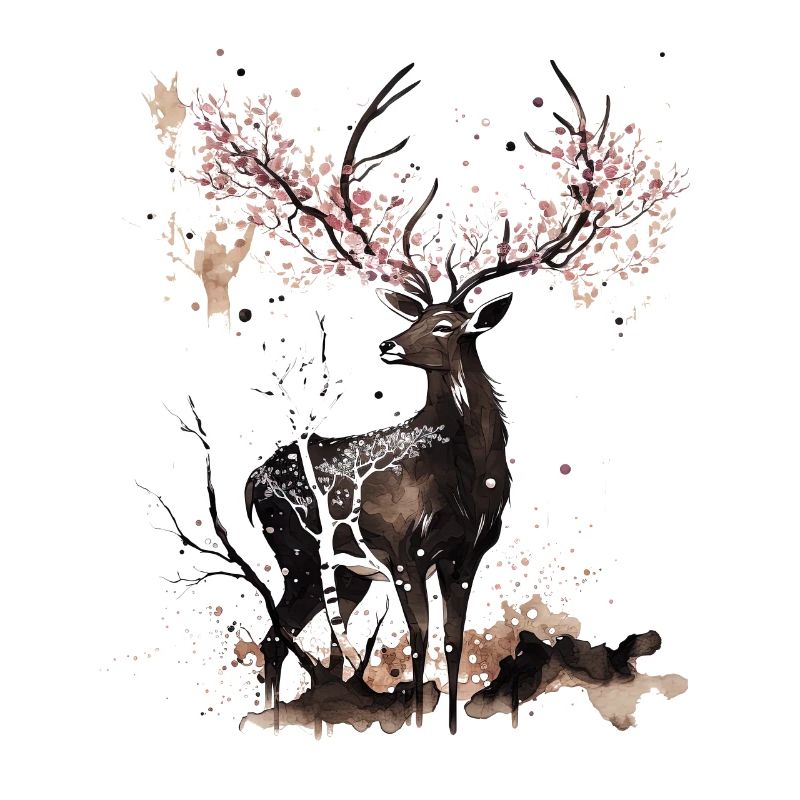 Deer Cherry blossoms Sakura tree Sumie