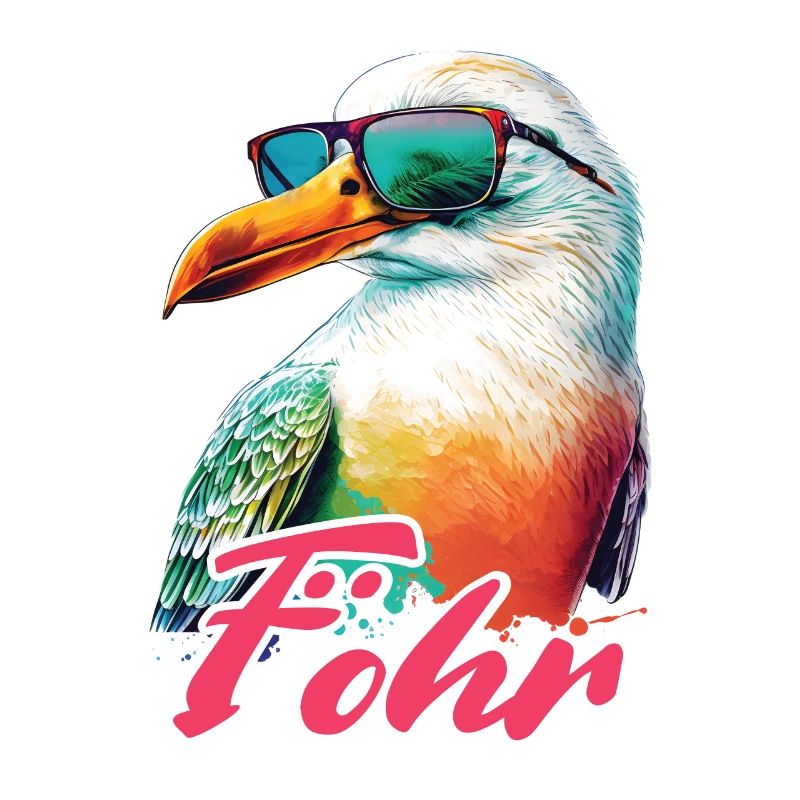 Föhr Urlaub coole bunte Möwe mit Sonnenbrille