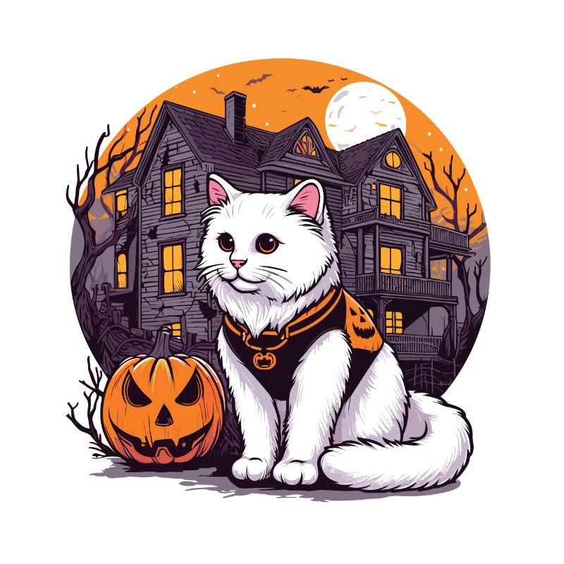 Halloween weiße Katze im Kapuzenpullover mit Spukhaus
