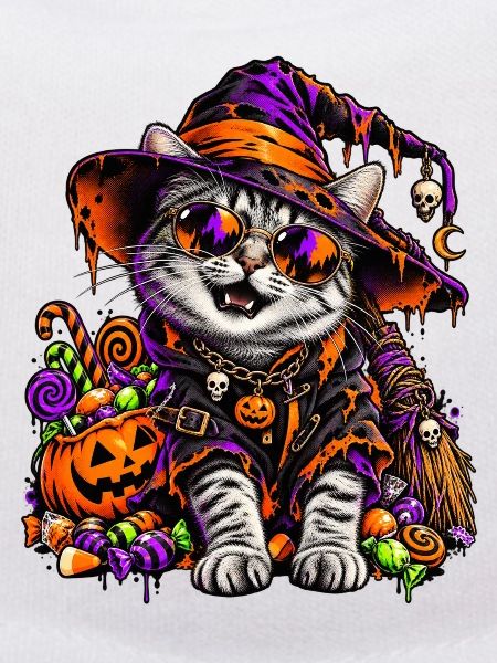 Bunte Halloween Hexenkatze mit Süßem