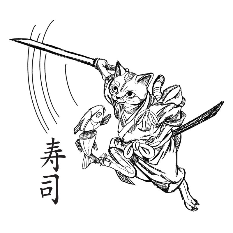 Chat samouraï avec écriture japonaise "Suhshi"