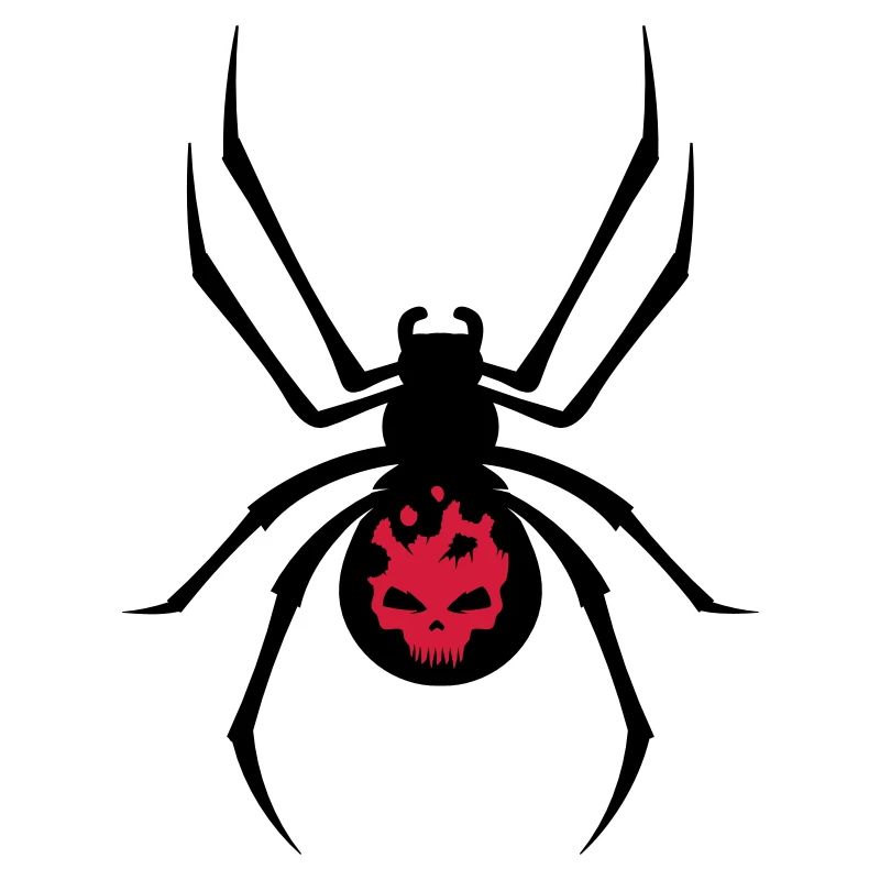 A black spider with red skull