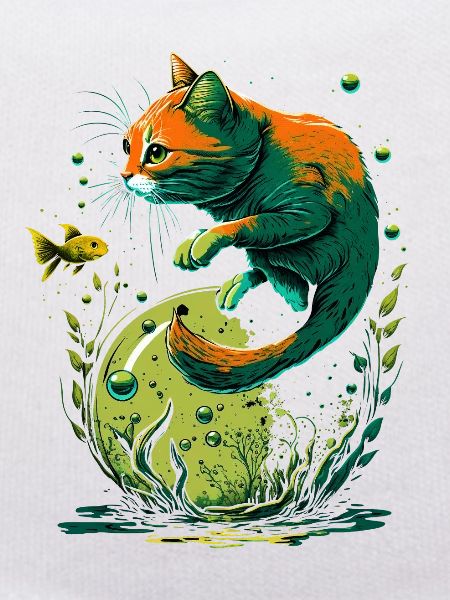 Fantasy Katze spielt mit Goldfischen