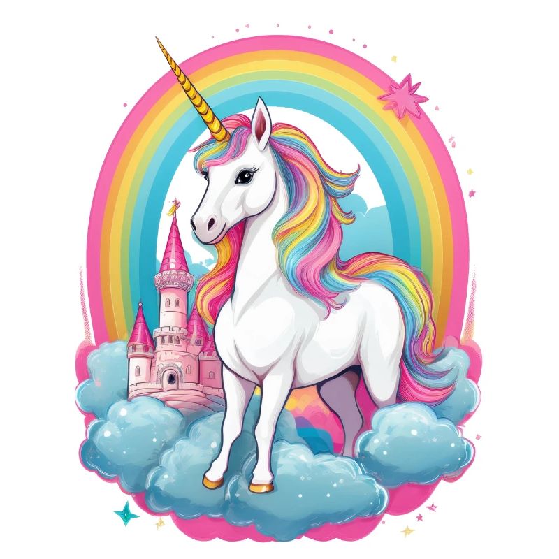 Unicorn with rainbow, clouds and pink castle