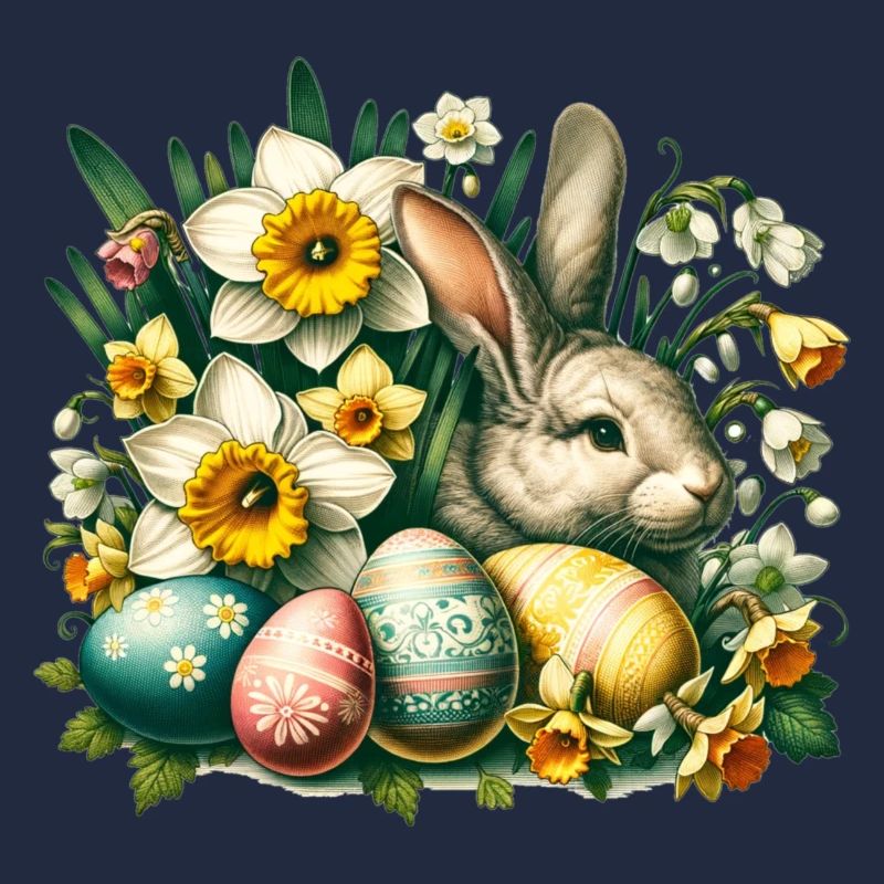 Vintage Easter Bunny with Easter Eggs & Flowers