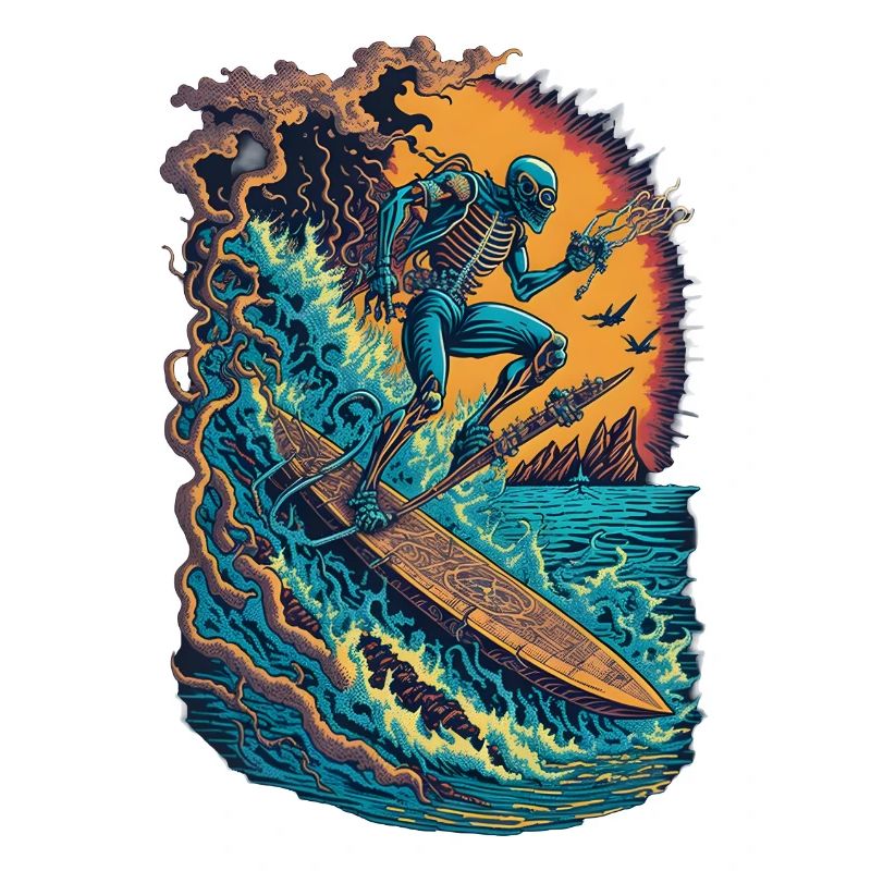 Skeleton Surfer Skull Surfing Comic Style Funny