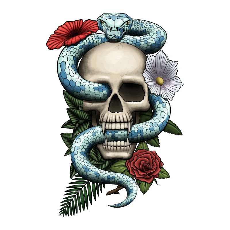 Crâne avec serpent et fleurs