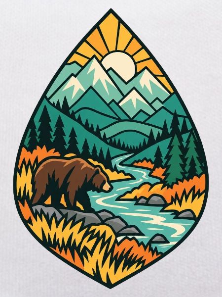 Bär in Berglandschaft am Fluss