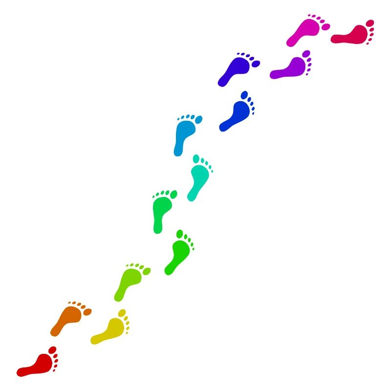 colorful footprints, barefoot on the beach
