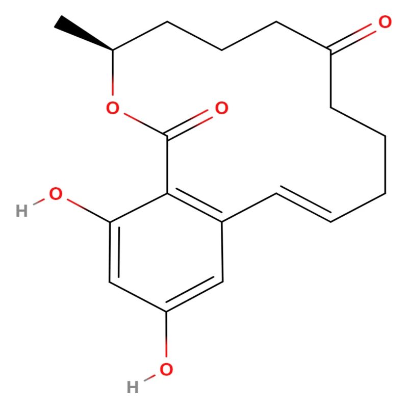 Molécule de zearalenone - Formule structurale colorée