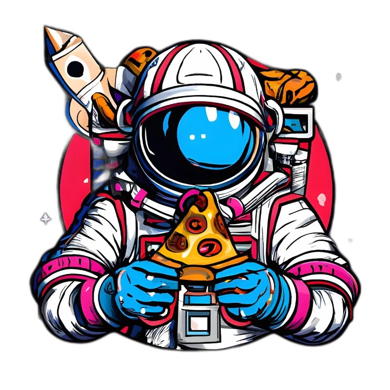Astronaute funky dans l’espace avec une pizza