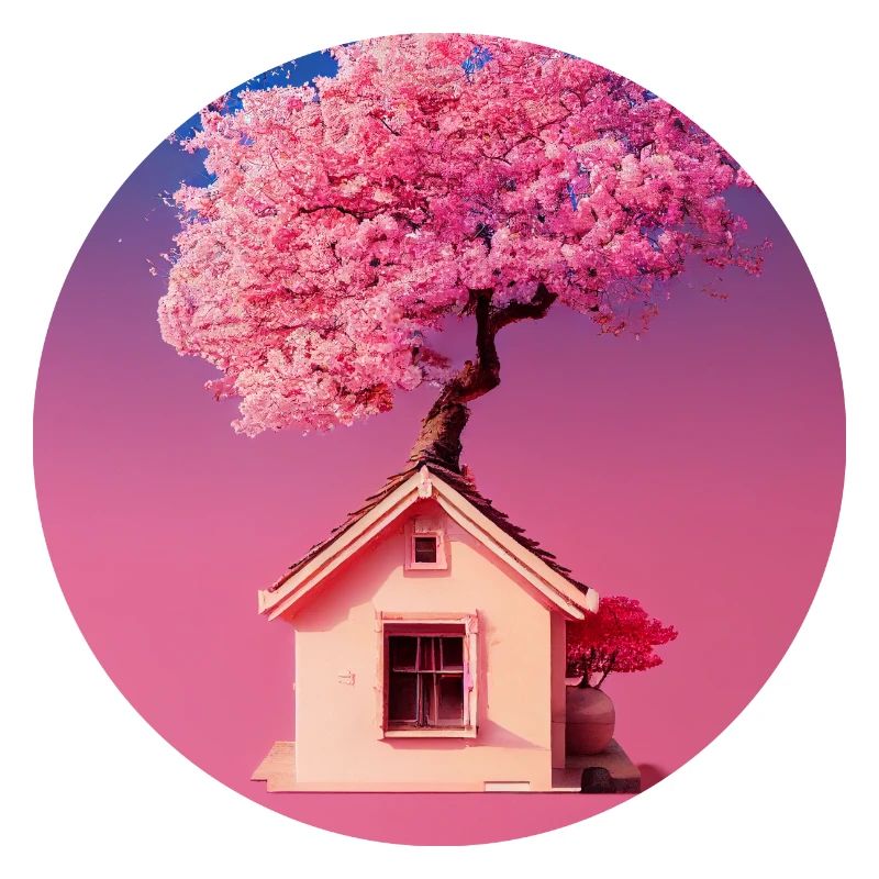 Fairy house surrounded by pink sakura trees