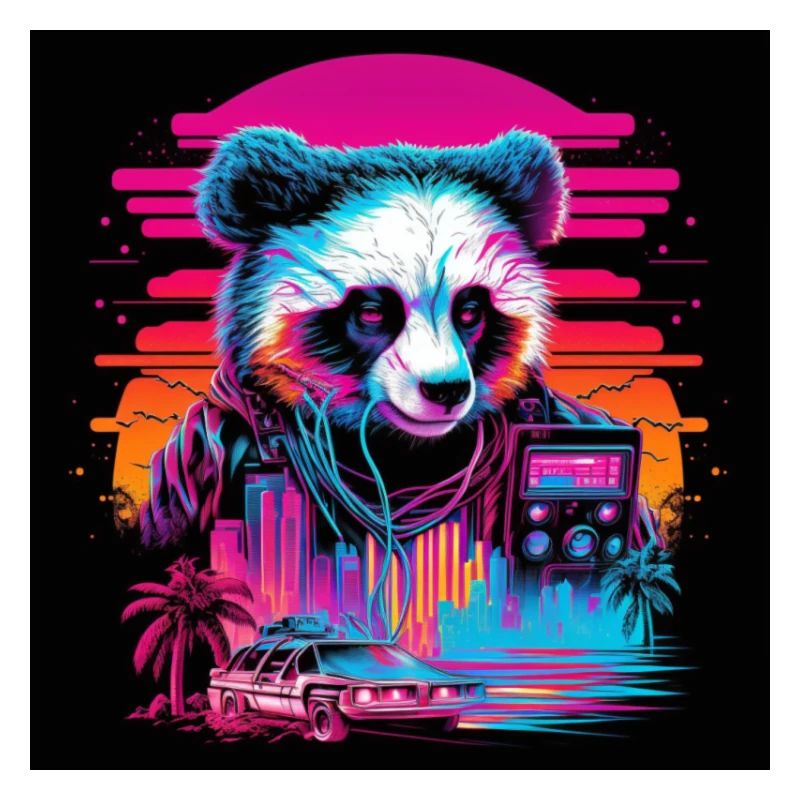 Panda aux couleurs néon, synthwave / 80s