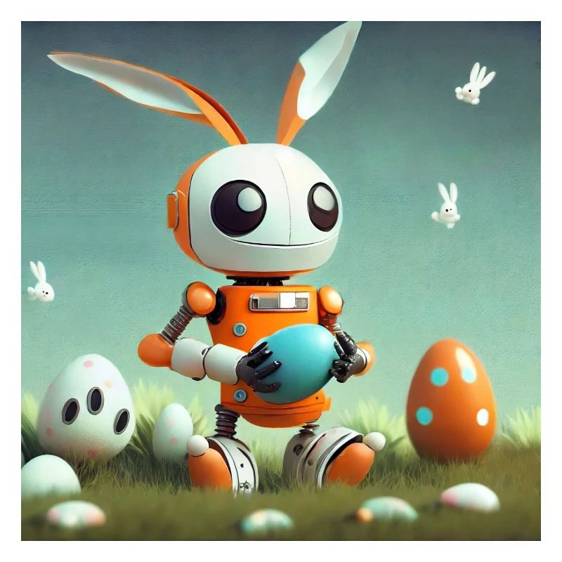cute little orange vintage robot is Easter Bunny