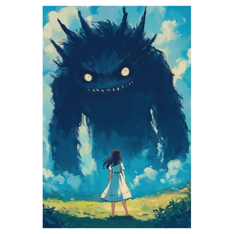 Ein Mädchen steht einem Monster gegenüber