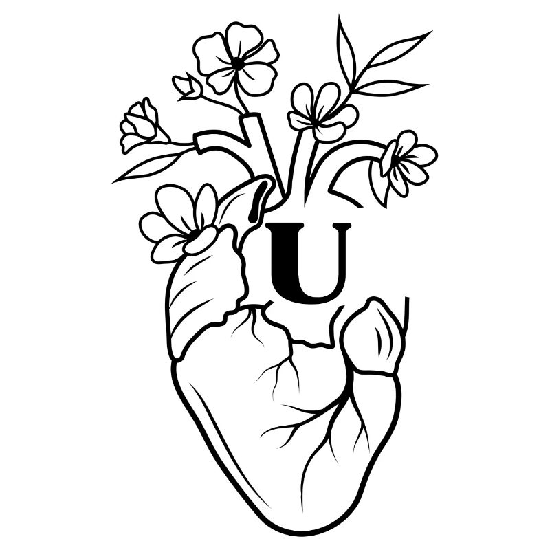 Buchstabe u Herz schwarze florale Anatomie