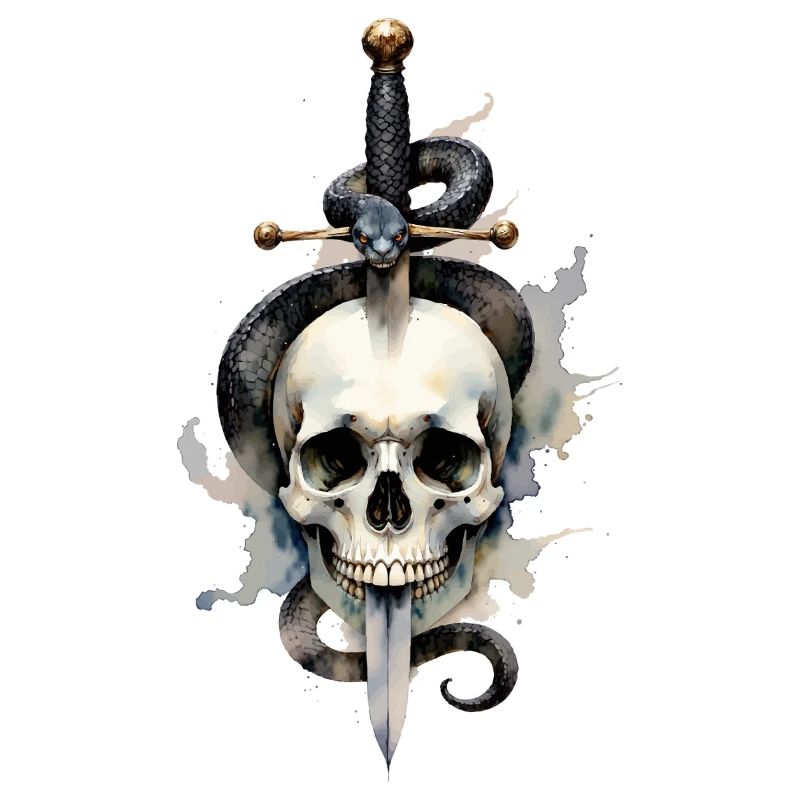 Crâne, épée et serpent – Aquarelle Art sombre