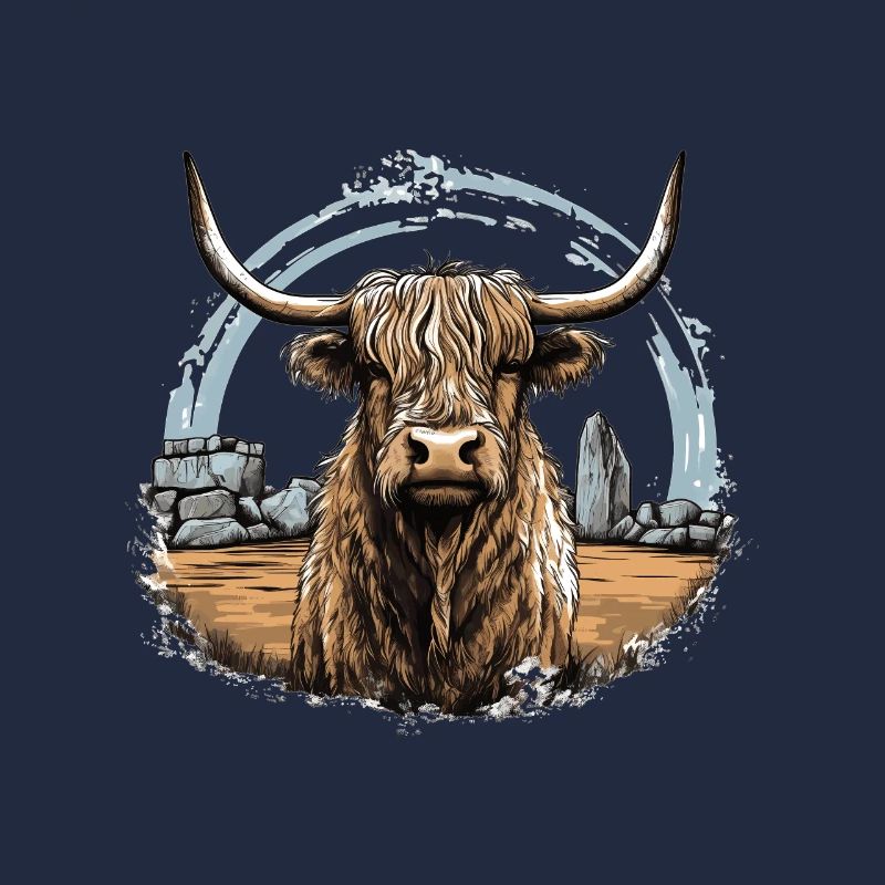 Rustic Scottish Highland cow landscape and