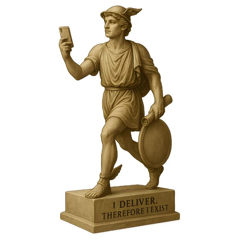 Ancient philosopher figure with smartphone