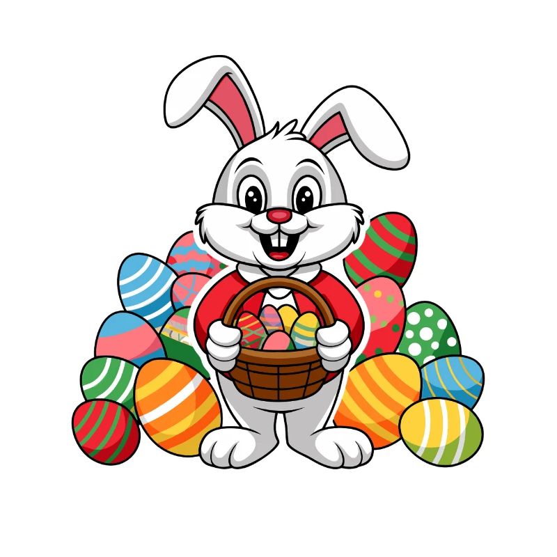 Funny Easter bunny with lots of colorful Easter eggs