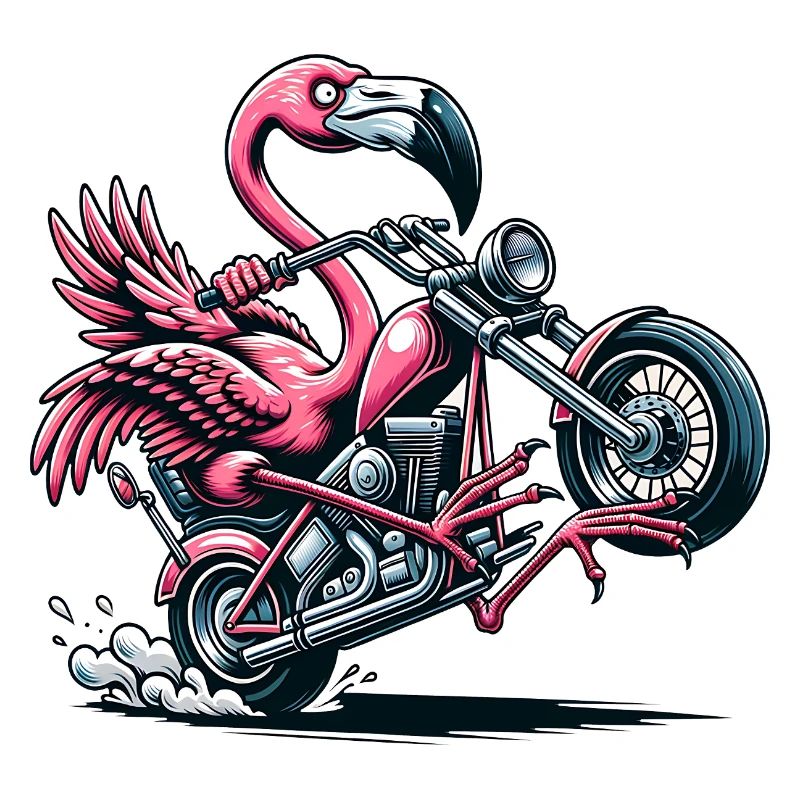Flamant rose à l’aventure à moto