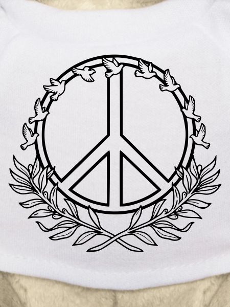 Peacezeichen mit Friedenstauben und Lorbeerzweigen