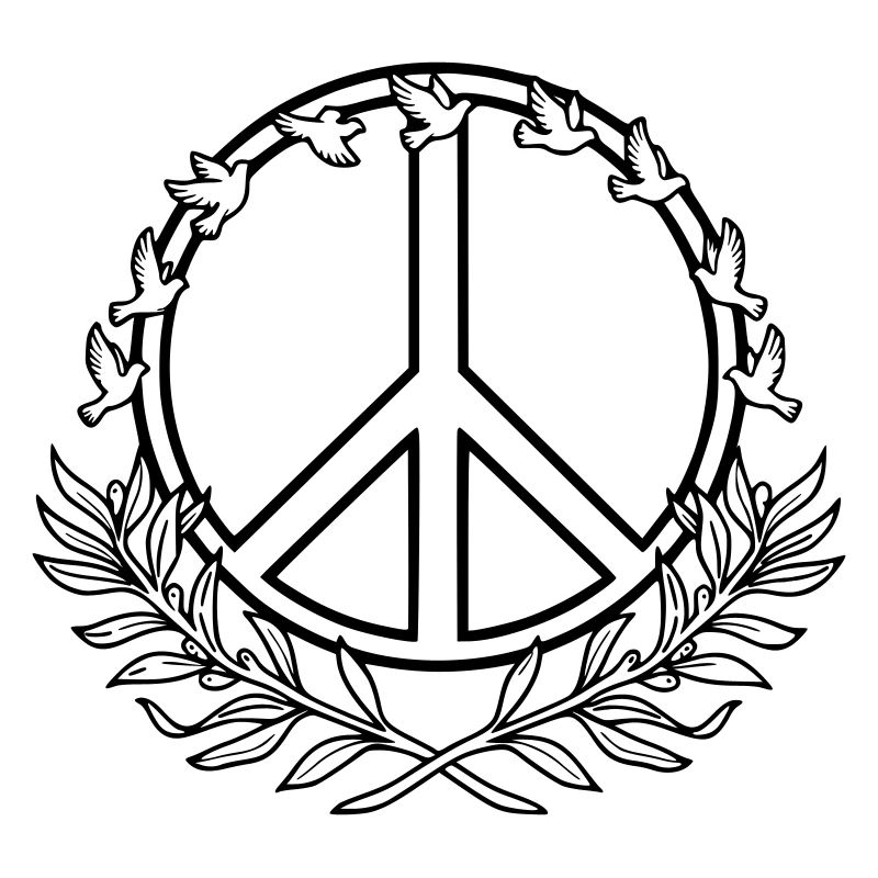 Peacezeichen mit Friedenstauben und Lorbeerzweigen