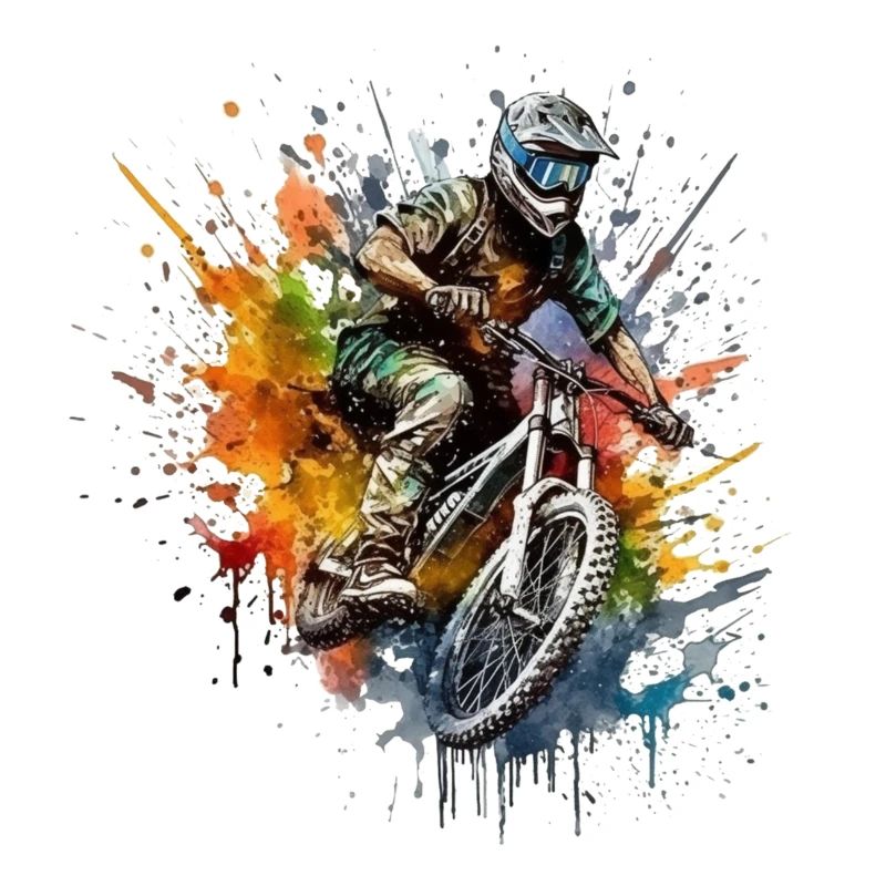Actionreicher Mountainbiker mit Farbspray-Design