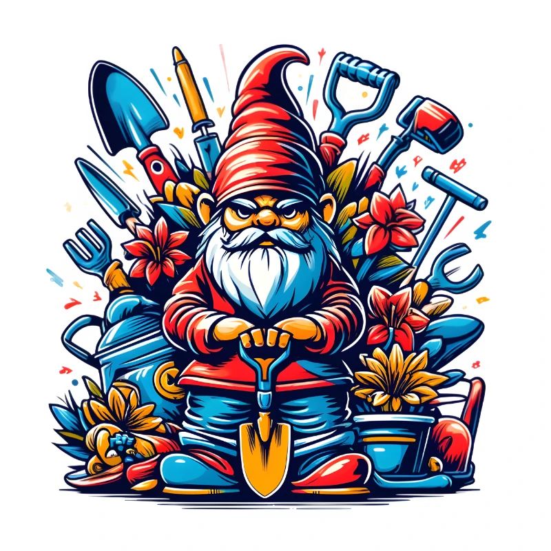 Colorful, grim garden gnome with flowers & tools