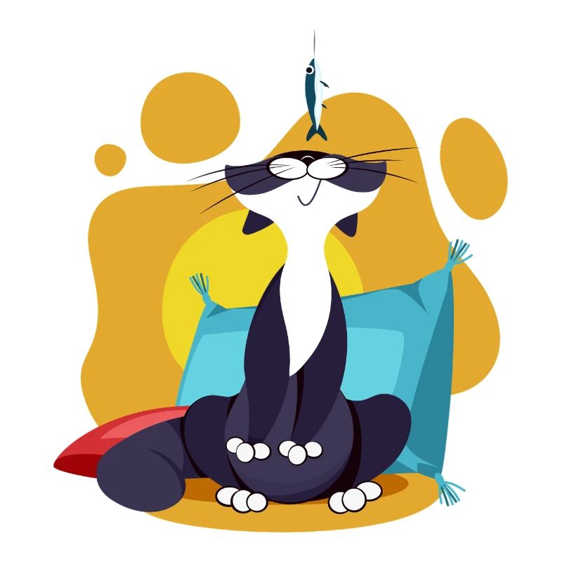 Katze schnüffelt an einer Sardine Bunte Comic Comic Karikatur