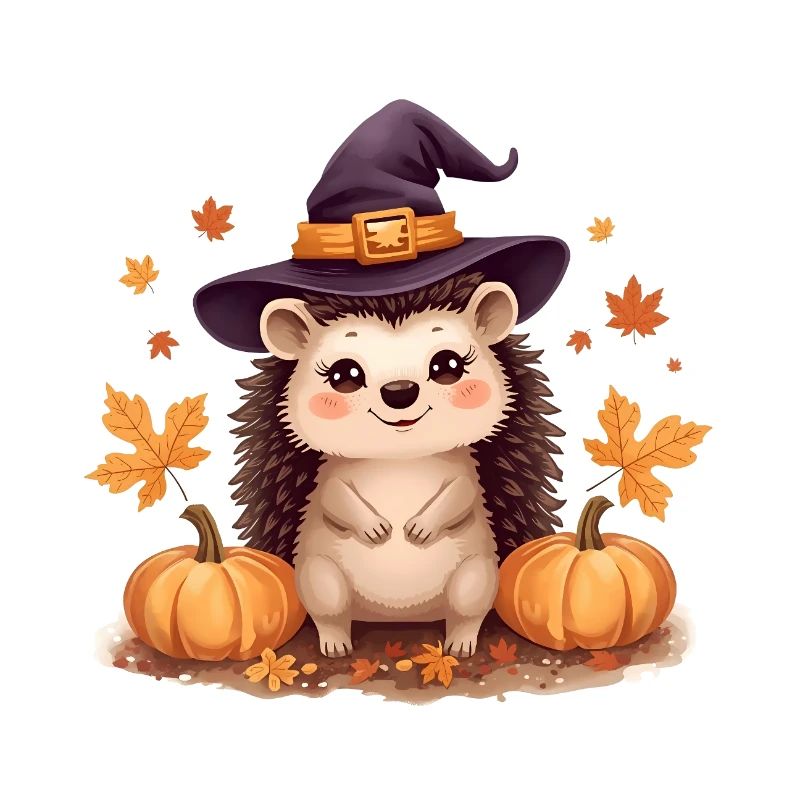 Hérisson d’automne avec chapeau de sorcière et citrouilles