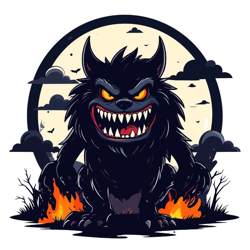 Moonlit Night Werewolf Monster with Fire Flames