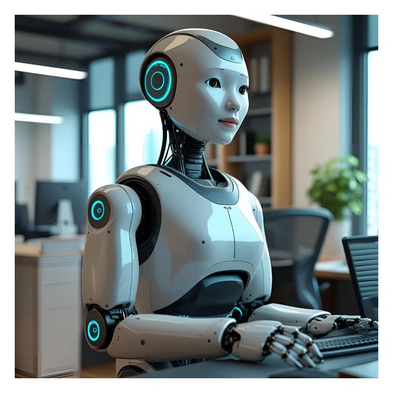 Robot humanoïde dans un bureau bleu