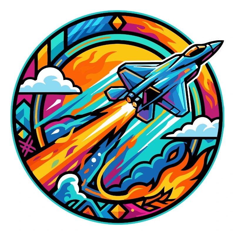 Neon Nozzles Jet in Fire Circle Retro Space Rocket