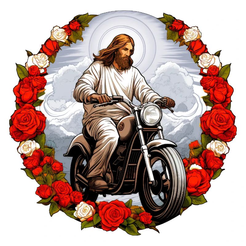 Jesu Motorrad mit Rosen