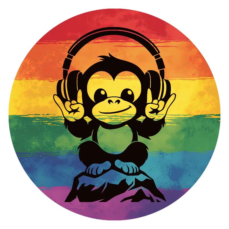 Regenbogen DJ Affe – Kopfhörer Rockhandzeichen