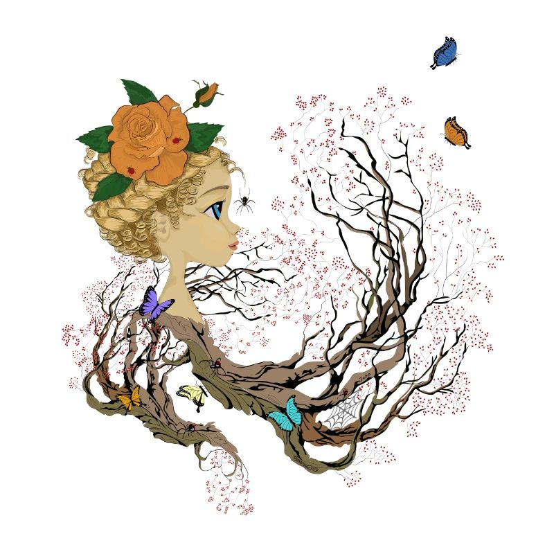 Mädchen, Schmetterlinge und Baum