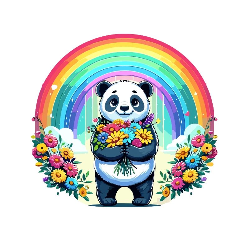 Panda mignon devant un arc-en-ciel avec des fleurs