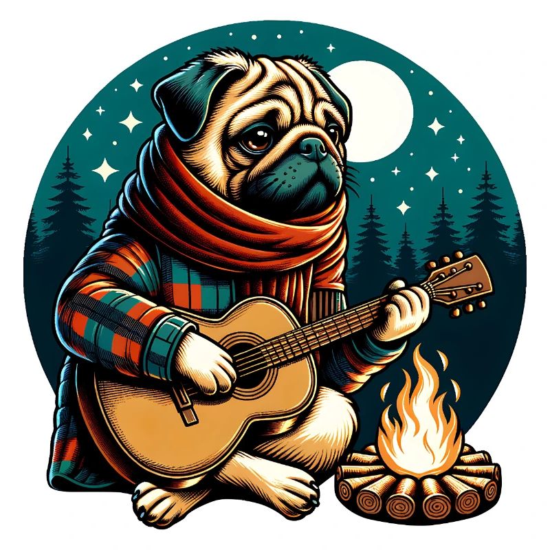 Mops Mit Gitarre Am Lagerfeuer Im Wald