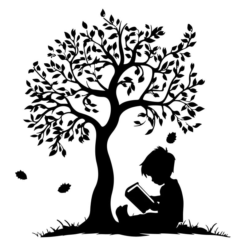 Kind liest unter Baum