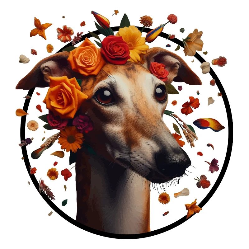 Galgo avec couronne de fleurs